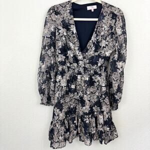 Dizzy Lizzy Womens Mini Dress Size S Ruffle Floral Metallic V Neck Black